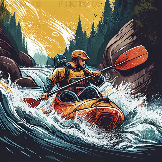 Man kayaking in whitewater surrounded by rocks and forest, adventure and active sport on the river