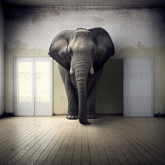 Big elephant standing in an empty room, animal concept, metaphorical idiom for important or