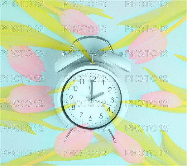 Alarm clock with tulips, switch to daylight saving time in spring, summer time changeover