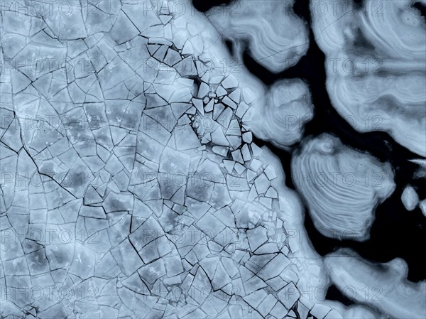 Aerial view of frozen lake, ice floes, winter, Storvatnet, Flakstadoya, Lofoten, Norway, Europe