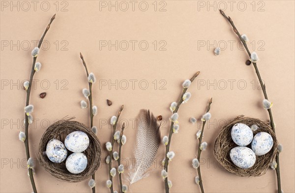 Easter holiday background, nest with small eggs, branches of pussy willow, greeting card, spring