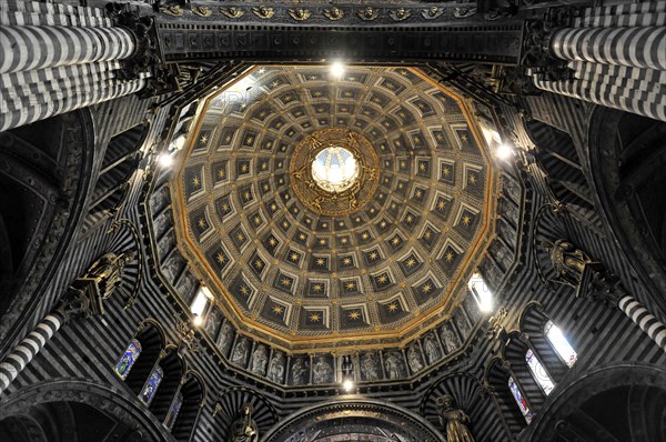 The dome of the cathedral with starry sky and black and white striped marble columns and round