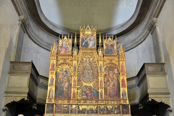 Montepulciano, Tuscany, Italy, Europe, A richly decorated altar with numerous images of saints and