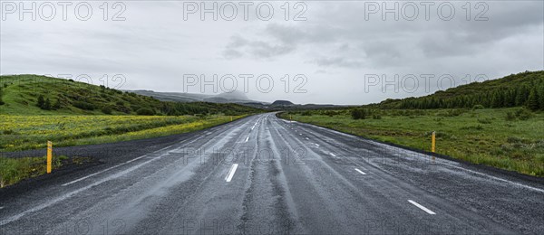 Icelandic street during summer season with spectacular view and green meadows