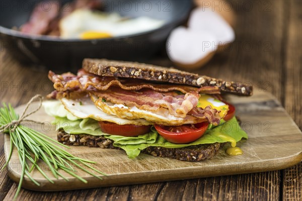 Fresh made Bacon and Egg Sandwich (selective focus, close-up shot)