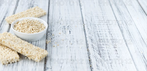 Some fresh made Quinoa Bars on vintage background (close-up shot)