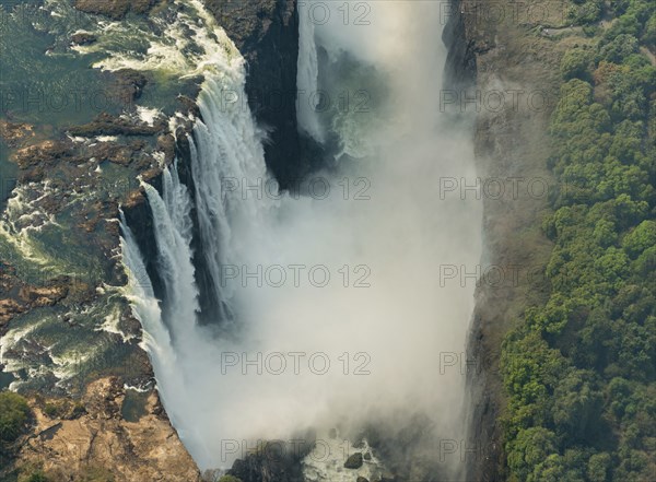 Victoria Falls at drought near Livingstone, Zimbabwe, as aerial shot made from a helicopter, Africa
