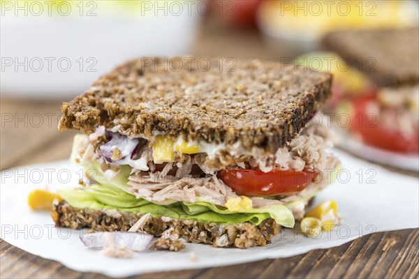Fresh made Tuna sandwich with wholemeal bread (selective focus, close-up shot)