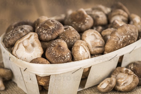 Shiitake mushrooms on a vintage background as detailed close-up shot, selective focus