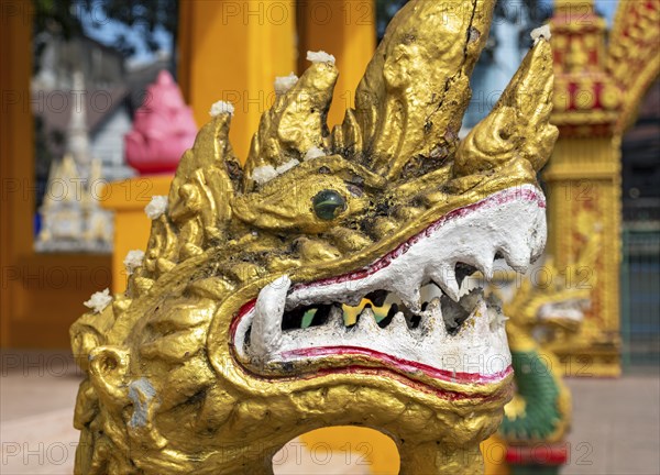 Close-up of gilded Naga, guardian deity, Wat Mixai, Vientiane, Laos, Asia