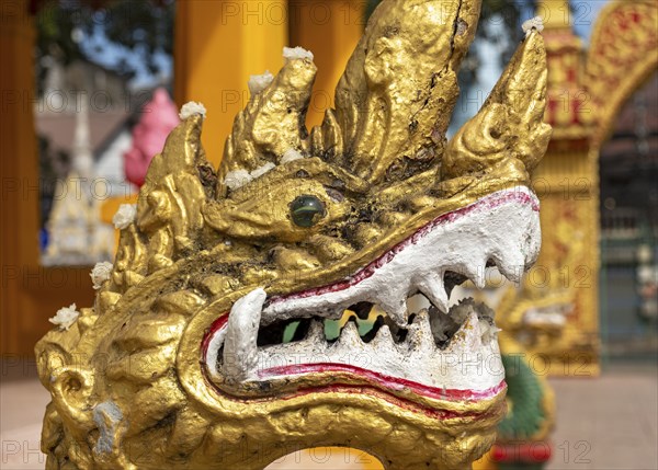 Close-up of gilded Naga, guardian deity, Wat Mixai, Vientiane, Laos, Asia