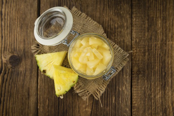Portion of fresh Preserved Pineapple pieces close-up shot, selective focus