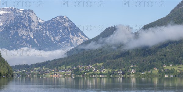 Morning atmosphere, early morning fog over the Grundlsee, panoramic shot, Salzkammergut, Styria,