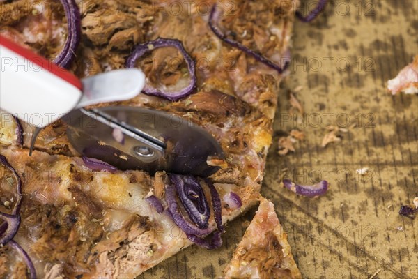 Portion of sliced Pizza (detailed close-up shot, selective focus)