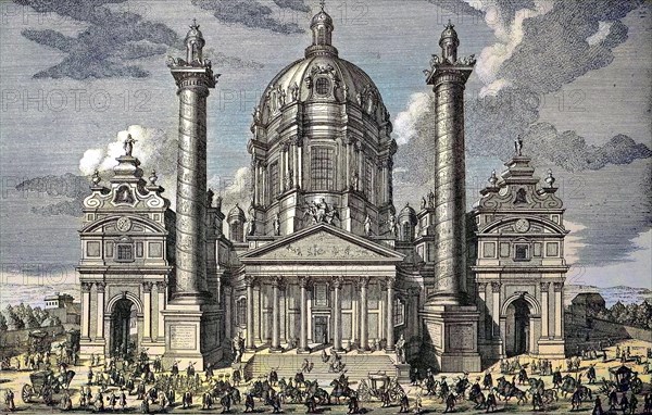 The church, Karlskirche in Vienna, Austria, digital reproduction of an original from the 19th