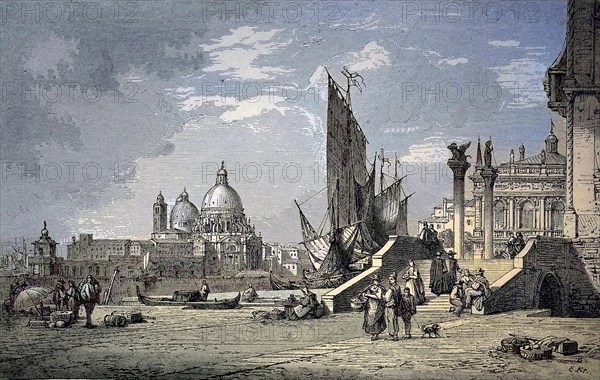 Scene on the Riva degli Schiavoni, is a waterfront in Venice, Italy, digital reproduction of an