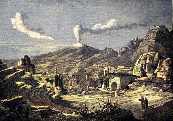 Sicily, the theatre of Taormina and Mount Etna in the background, Italy, digital reproduction of an