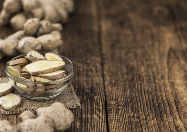 Some healthy Ginger Slices (selective focus, close-up shot)