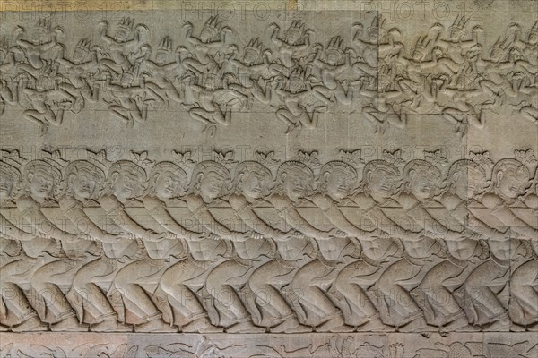 Detailed shots of the reliefs in the Angkor Wat temple, Cambodia, Asia