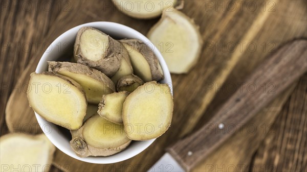 Some healthy Ginger Slices (selective focus, close-up shot)