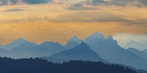 Mountain panorama from Grünten, 1783m, to the Tannheim mountains, Allgäu Alps, Tyrol, Austria,