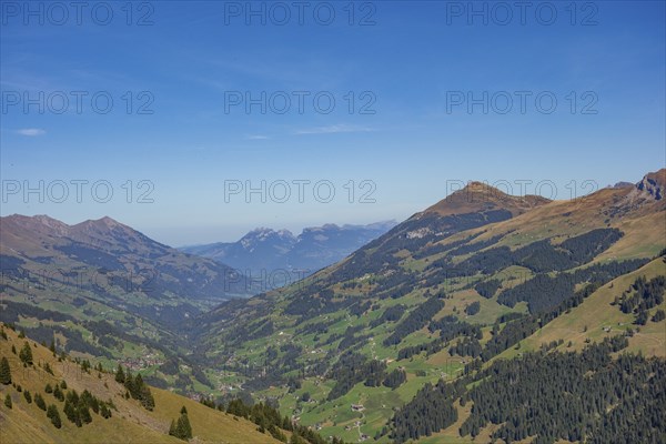 Panoramic view over a wide valley with mountains and forests under a clear sky, saas Fee, Alps,