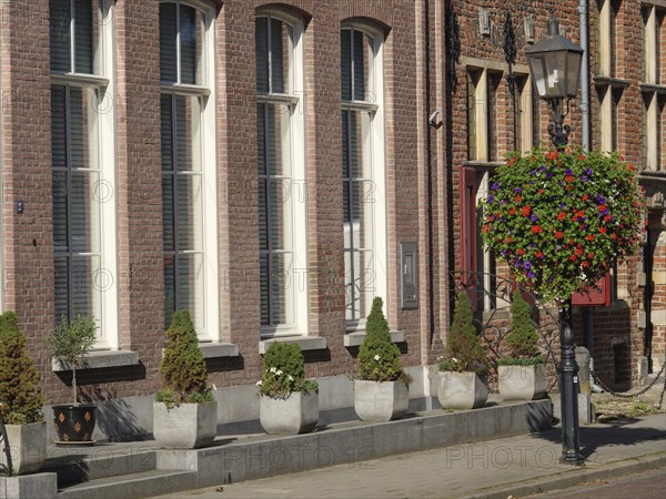 Facade of a brick building with large windows and plants in pots and a hanging flower basket,