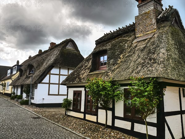 Idyllic village with traditional half-timbered houses and cobblestones under a cloudy sky,