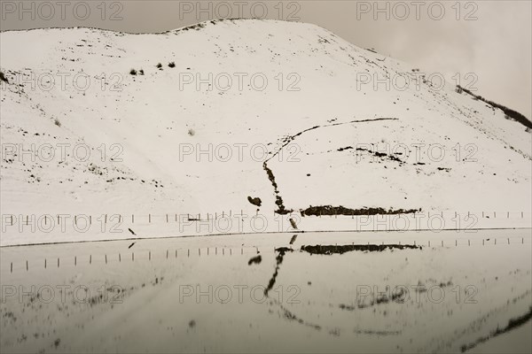 After snowfall in May: Riezler Alpsee, an artificial lake, snow pond, feeds the snow cannons that