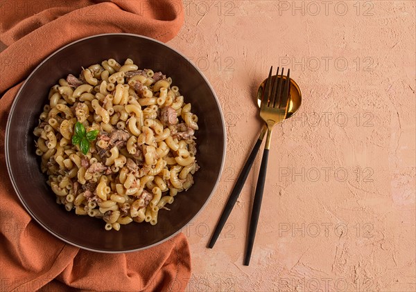 Pasta with stewed meat, pasta in the navy, horns, homemade, no people