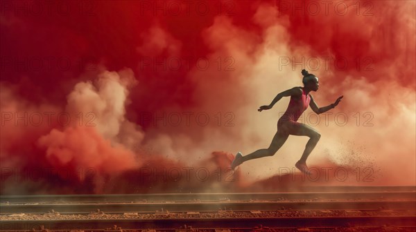 A runner dashes through red smoke in an outdoor setting, highlighting dynamic movement and athletic