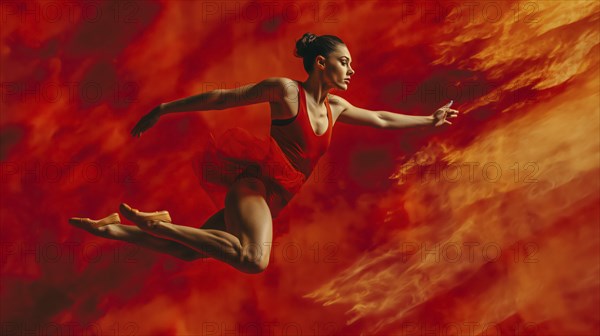 A dancer in a red outfit strikes a dynamic pose against an intense red background, creating a sense