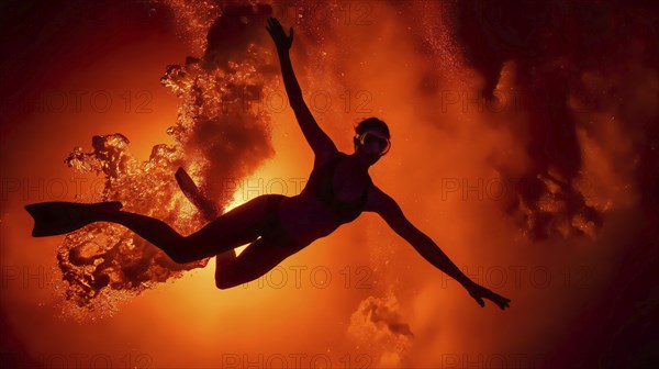 A silhouette of a swimmer diving underwater with vibrant orange bubbles, AI generated