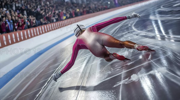 A speed skater in a red suit glides powerfully on an ice rink with a cheering crowd, AI generated
