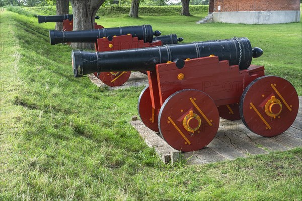 Old cannons at Nyborg medieval castle, in Nyborg, Funen, Fyn, Fyn Island, Denmark, Scandinavia,