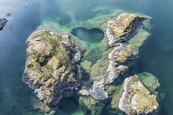 Aerial view of islands in lake Lovatnet (or: Loenvatnet), valley Lodalen south of village Loen,