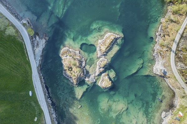 Aerial view of islands in lake Lovatnet (or: Loenvatnet), roads along the lake, Lovatn, valley