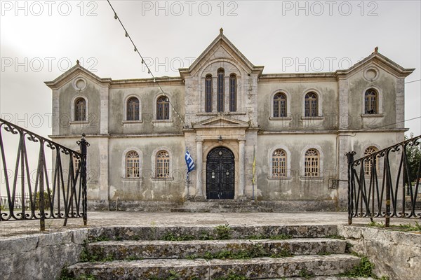 Great typical Greek town and buildings. Mediterranean cityscape in the evening at sunset on
