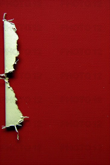 A piece of torn paper with a curled edge set against a bold red background, AI generated
