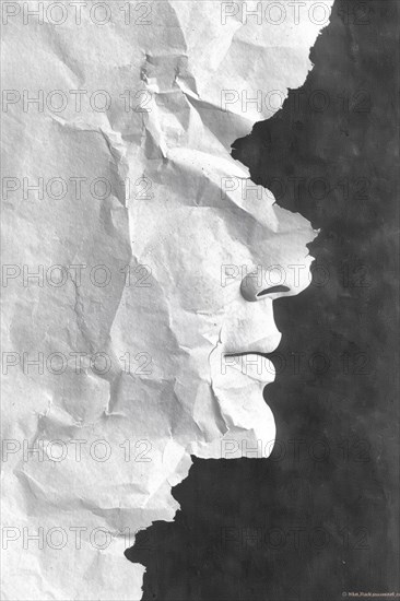 A textured paper piece creating an artistic face profile in black and white tones, AI generated