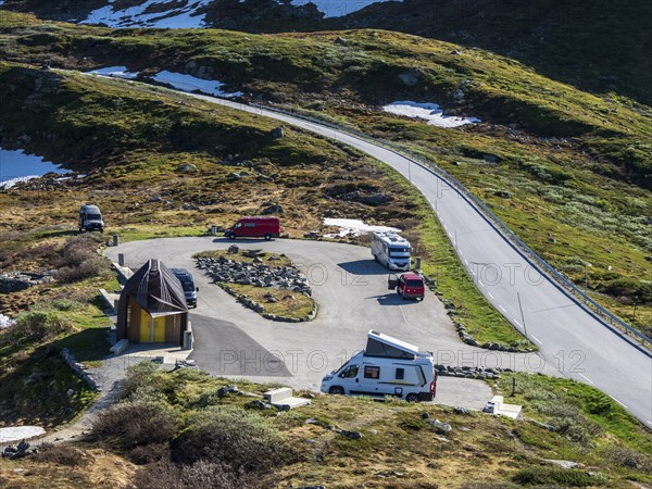 Mountain crossing Sognefjellsvegen, mountain pass over the Sognefjellet, touristic road, camper