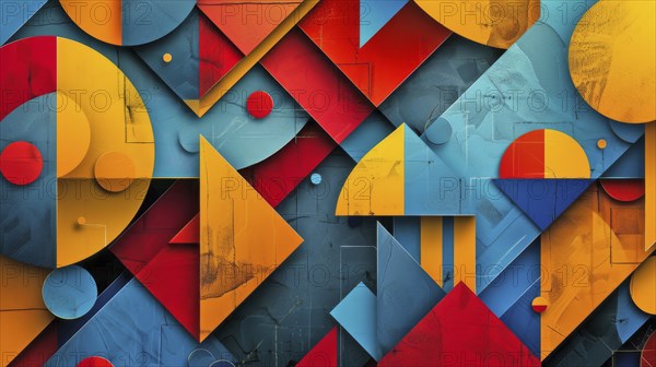 Contemporary abstract art featuring multicolored geometric shapes such as triangles and rectangles,