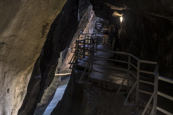 Illuminated narrow section of gorge Aareschlucht, Aare Gorge, Haslital, Switzerland, Europe