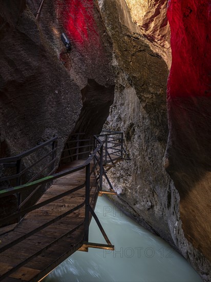 Illuminated narrow section of gorge Aareschlucht, Aare Gorge, Haslital, Switzerland, Europe