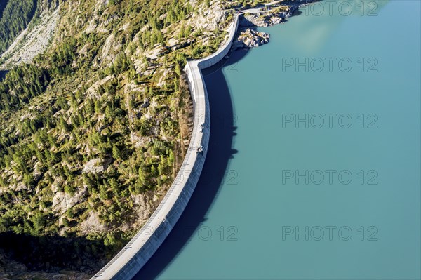 Aerial view of reservoir dam and lake lac d' Emosson, Finhaut, Switzerland, Europe