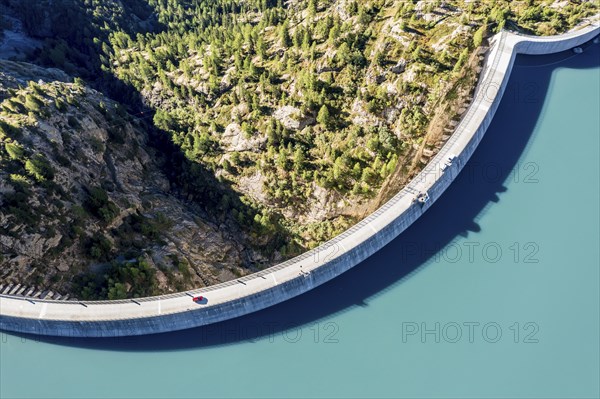 Aerial view of reservoir dam and lake lac d' Emosson, Finhaut, Switzerland, Europe