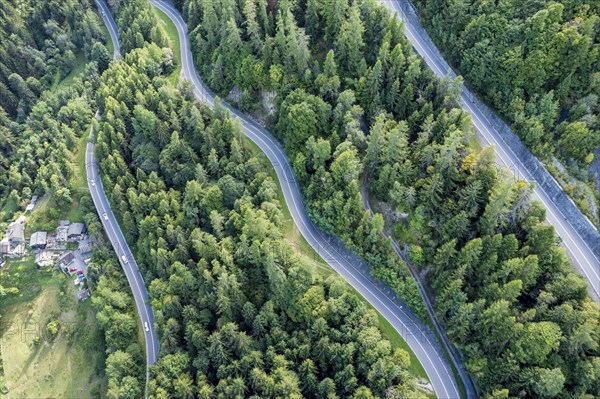 Aerial view of mountain road Martigny, Forclaz, Switzerland, Europe