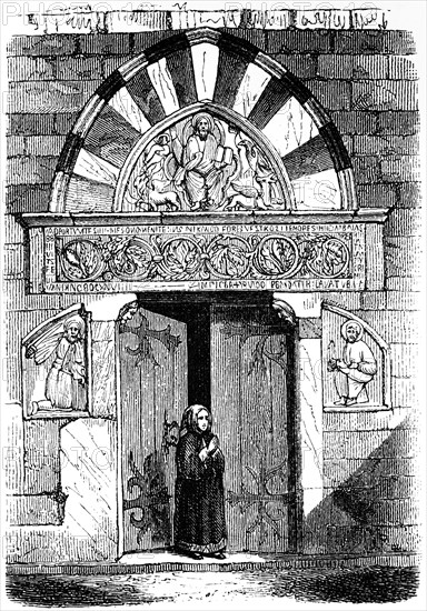 Portal of the church in Villeneuve-lès-Maguelone, France, entrance, woman, relief, wall, church
