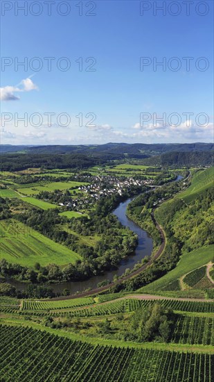Wiltinger Saarbogen. The river winds through the valley and is surrounded by vineyards and green