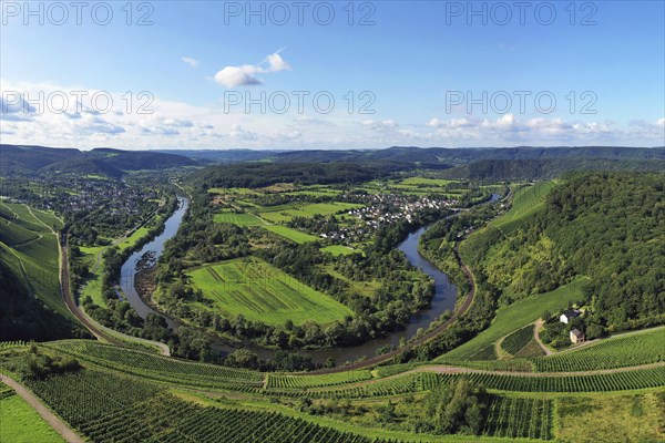 Wiltinger Saarbogen. The river winds through the valley and is surrounded by vineyards and green